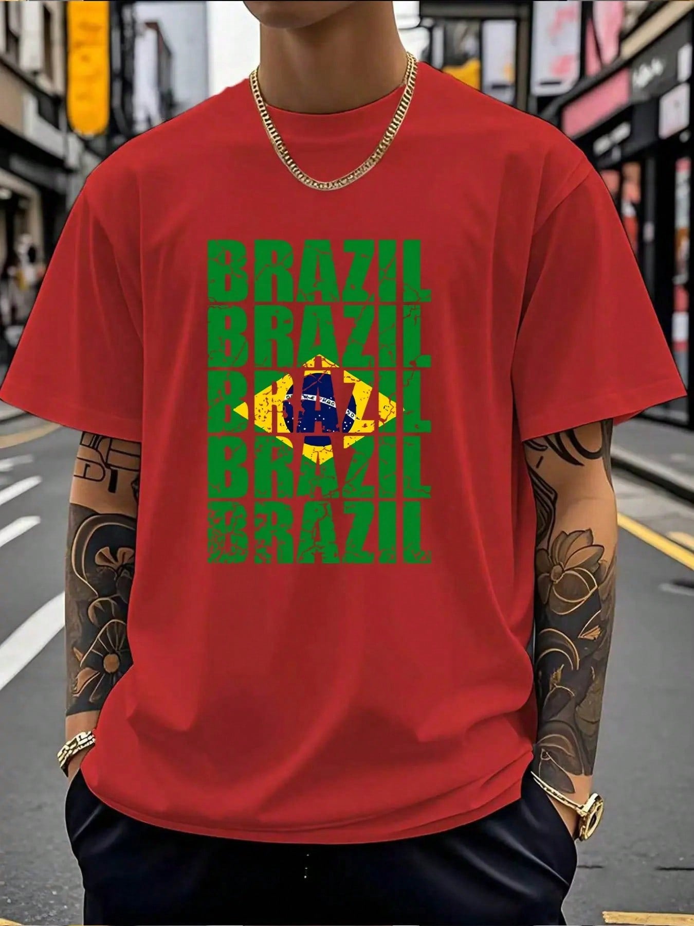 Brazil Flag Letter Print Short Sleeve Men's Loose Fit Casual T-Shirt, Summer Fashion Top For Brazil Fans, Comfortable And Stylish