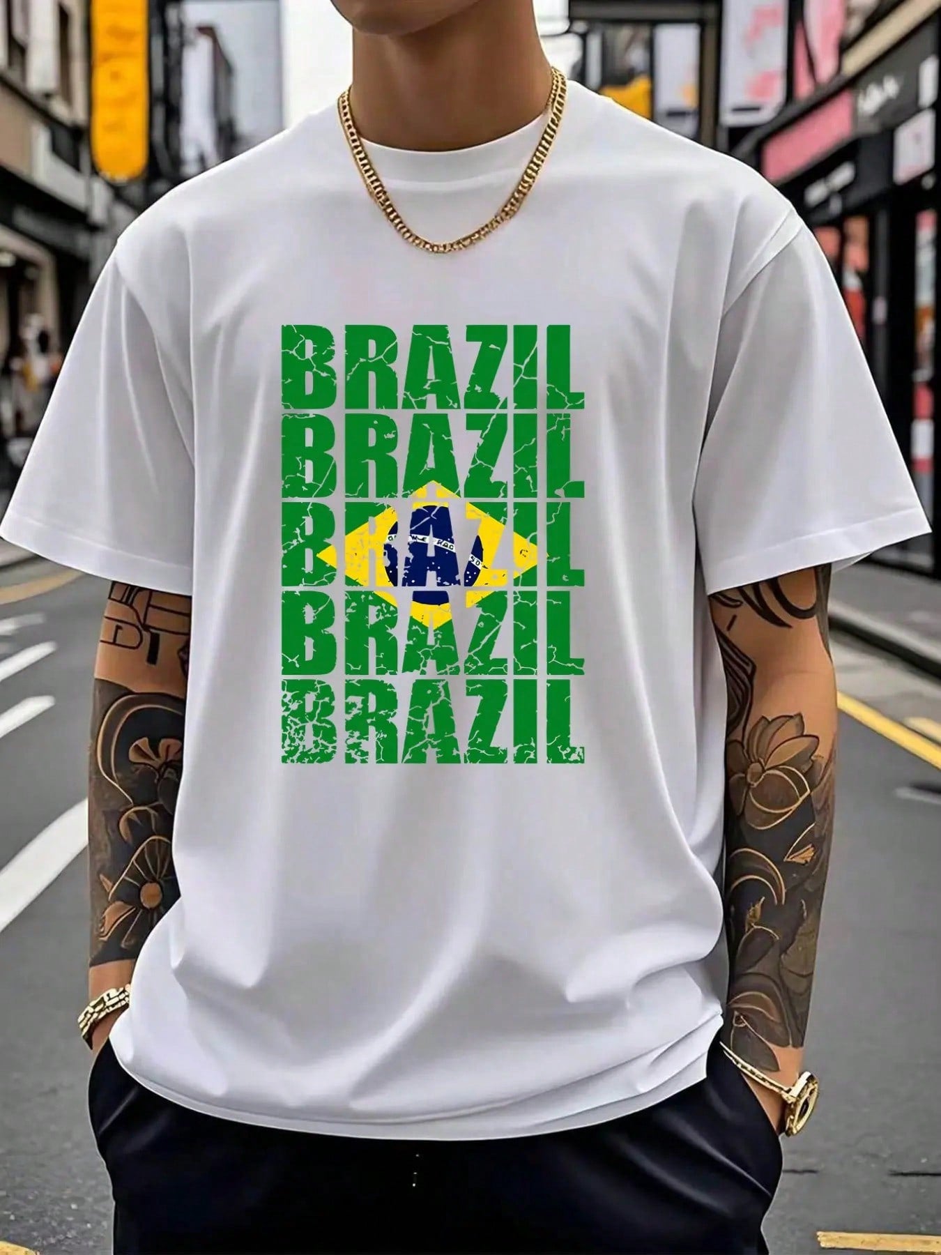 Brazil Flag Letter Print Short Sleeve Men's Loose Fit Casual T-Shirt, Summer Fashion Top For Brazil Fans, Comfortable And Stylish