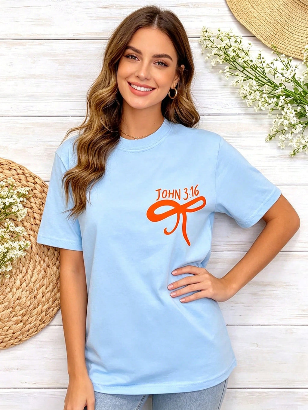 Coquette Bow Bible Verse Graphic Tee John 3:16 Christian Aesthetic Shirt Cute Women Preppy Striped Graphic Top Summer Outfits For Women