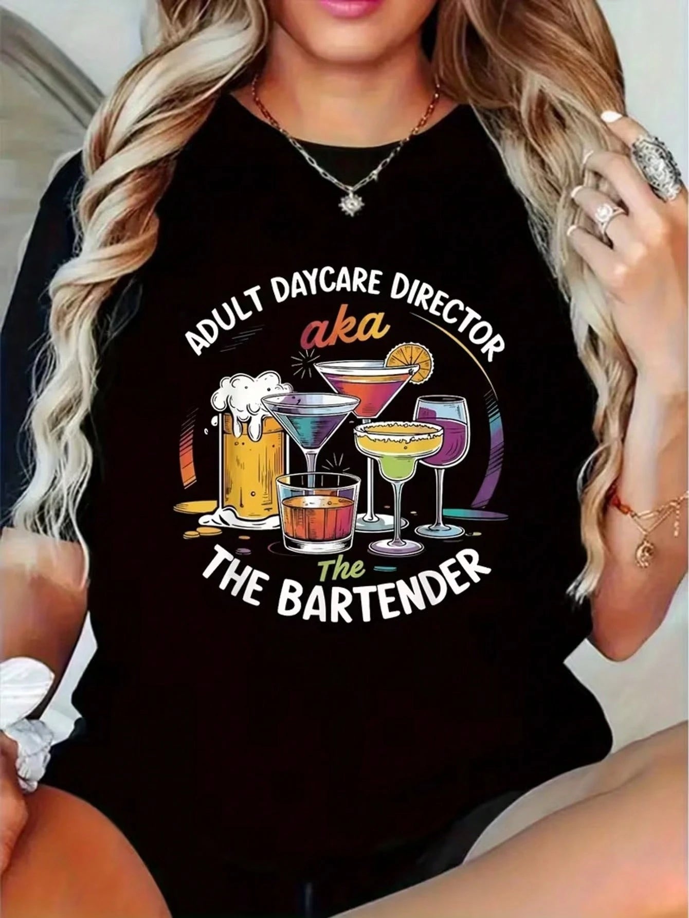 Comfortable crew neck casual tee with humorous daycare director bartender slogan print, lightweight daily wear and fun gift for daycare managers