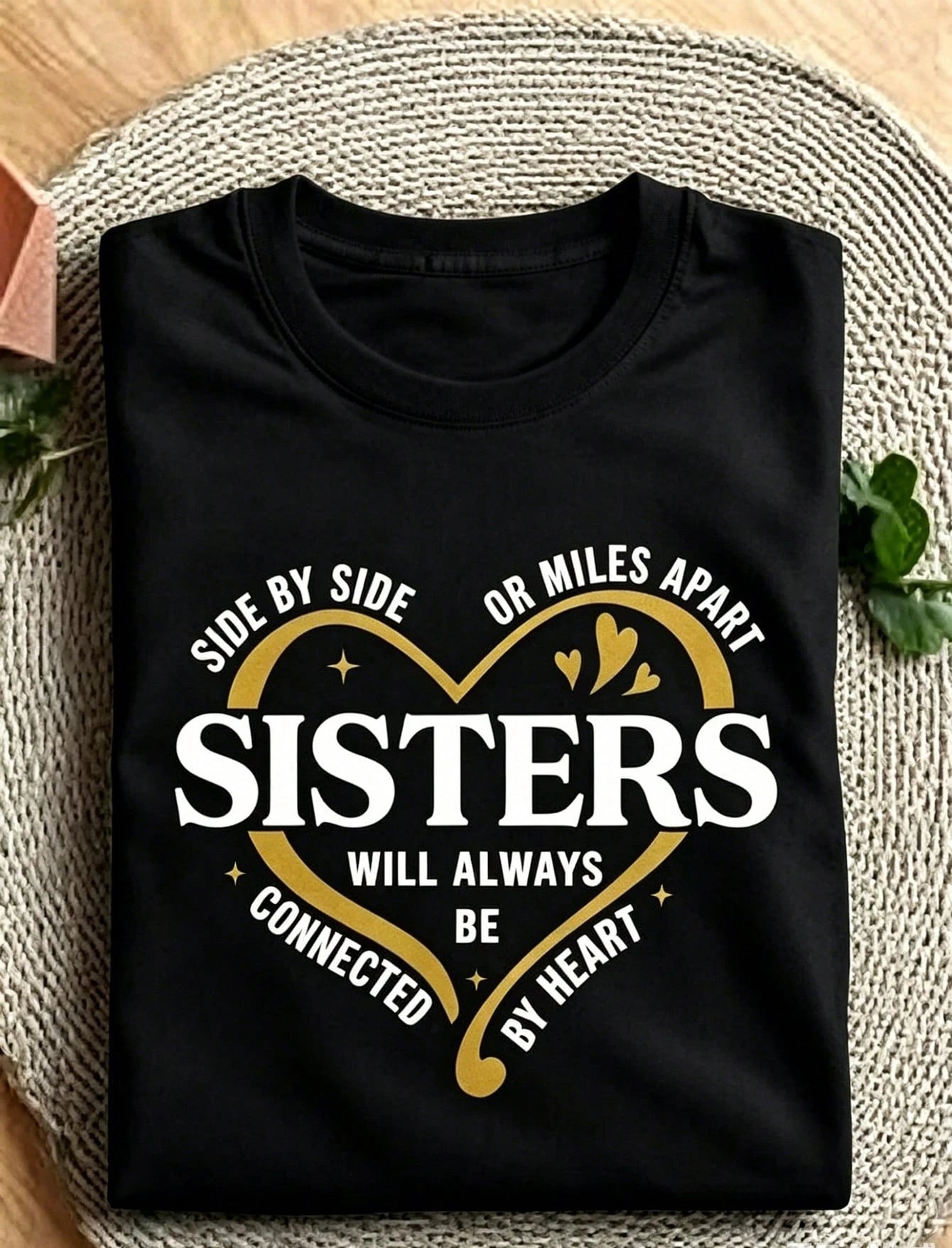 Soft cotton crew neck tee with sweet sisters heart print, relaxed casual fit medium size daily wear black short sleeve top