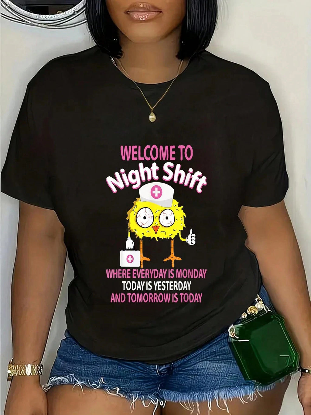 Soft round neck casual tee with witty night shift nurse slogan, comfy lightweight fit, fun daily wear & gift for all nursing staff
