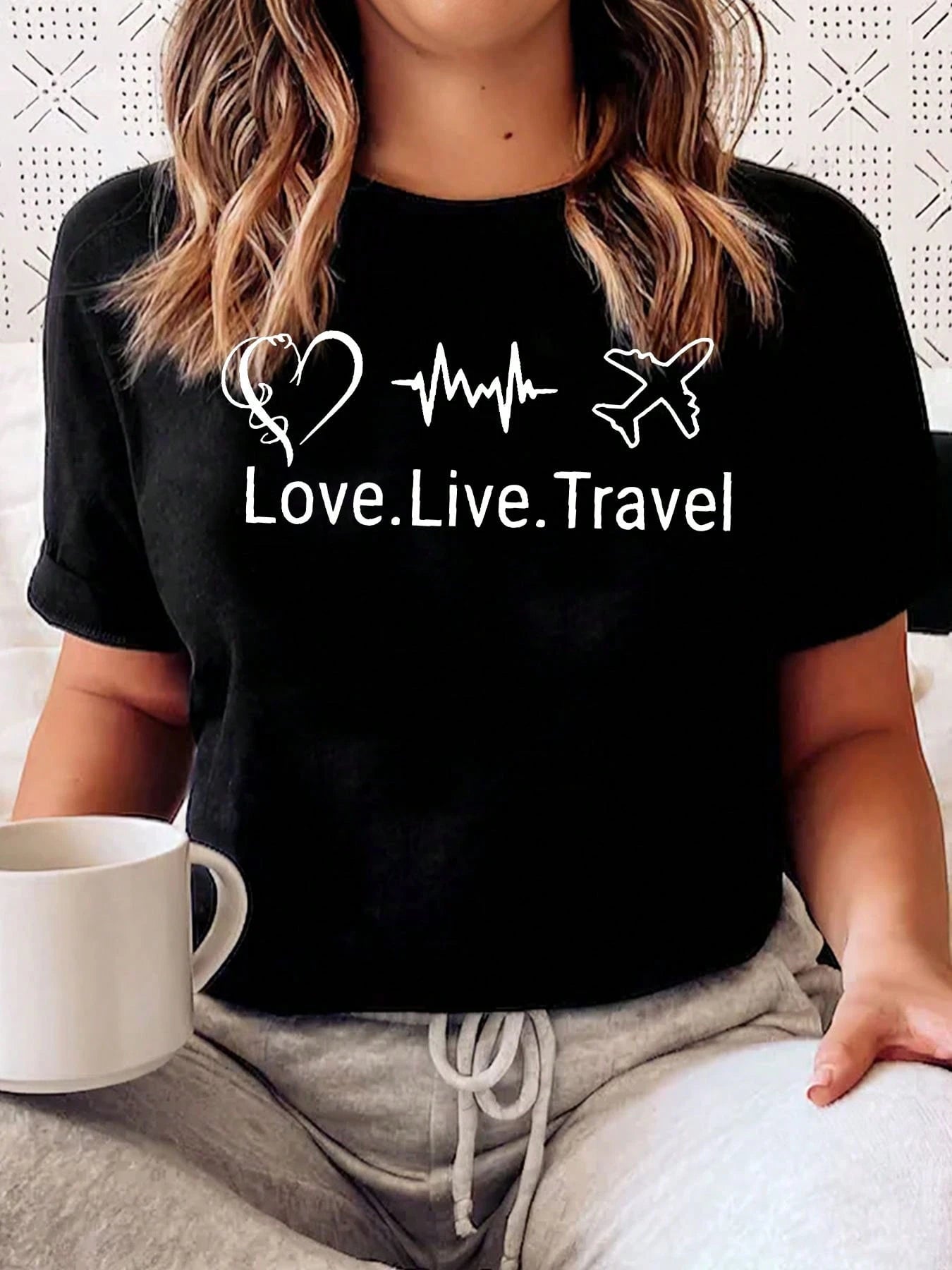 Women Black Soft Cotton Crew Neck Tee Travel Slogan Daily Casual Short Sleeve Top