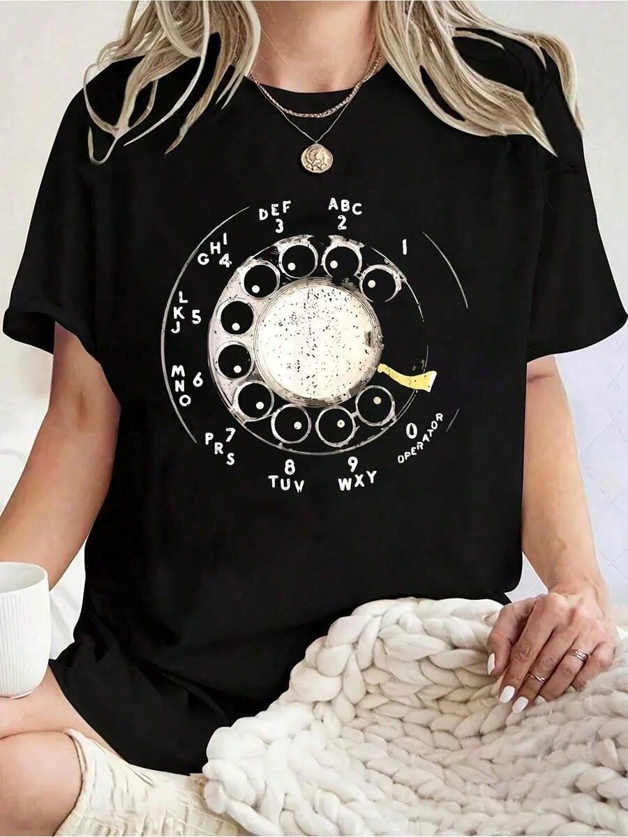Soft Vintage Cotton Tee Classic Rotary Phone Print Retro Style Daily Casual Fashion Top For Women