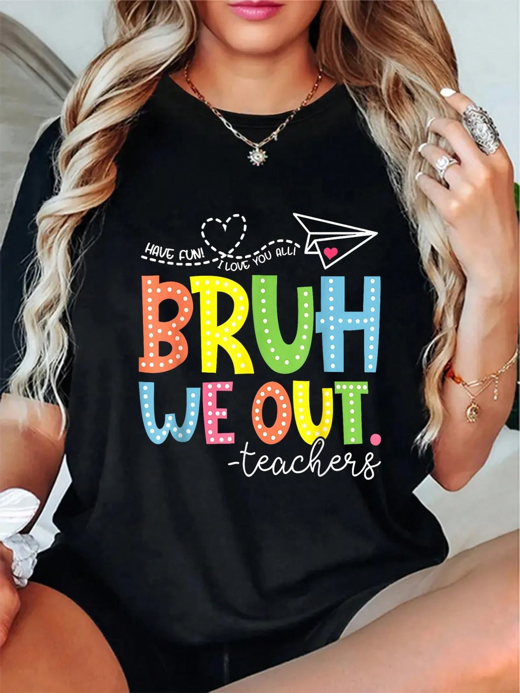Soft Crew Neck Cotton Tee Funny Teacher Summer Slogan Print Comfort Casual Top For End Of School Season