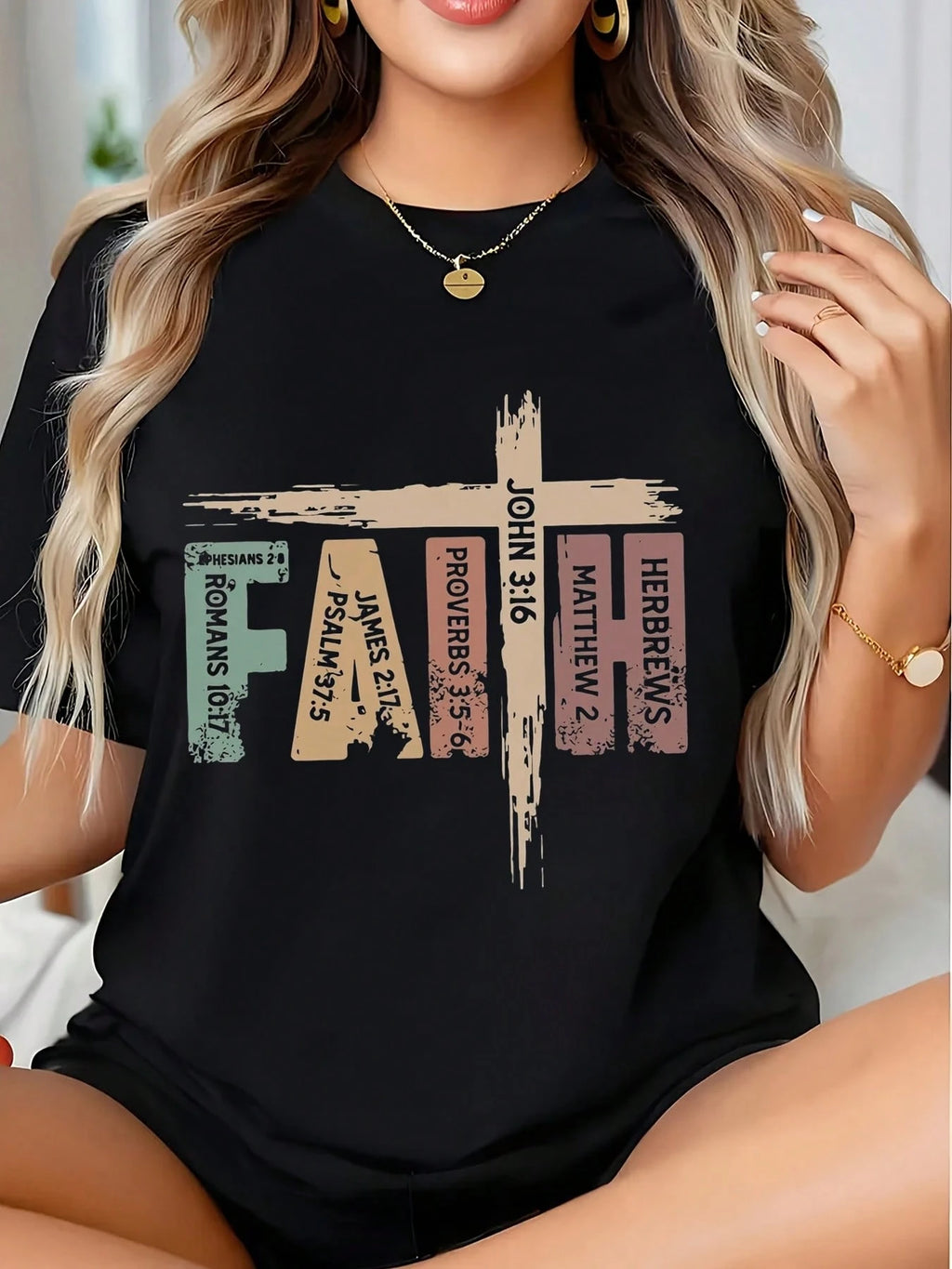 Bible Verse Cross Tee - 220g Premium Fabric, Spiritual Design Women Shirt for Religious Casual Outfits