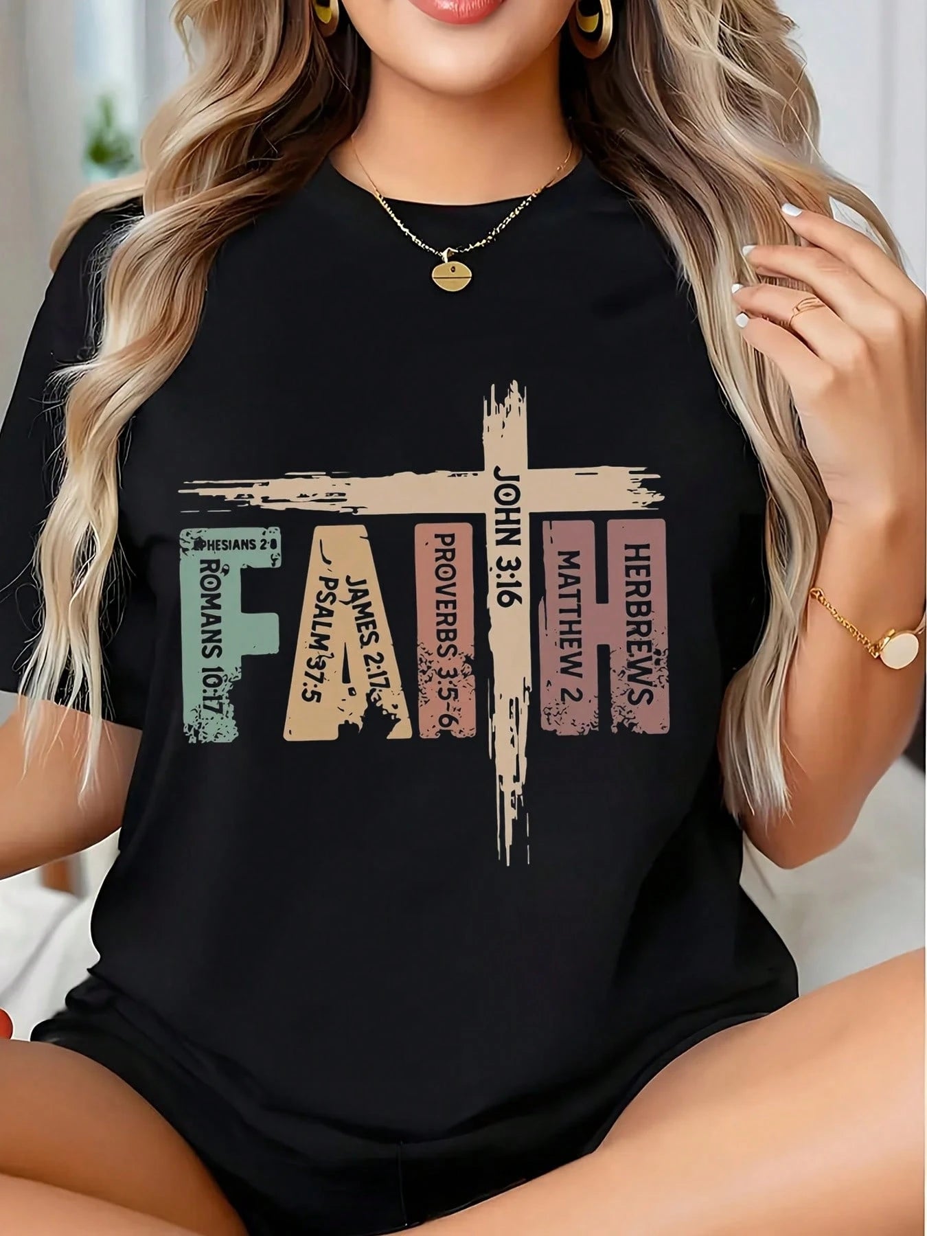 Bible Verse Cross Tee - 220g Premium Fabric, Spiritual Design Women Shirt for Religious Casual Outfits