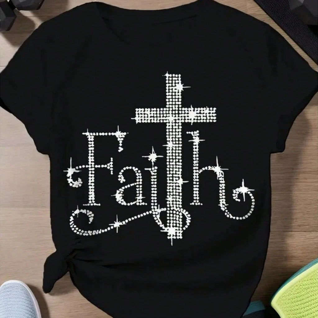 Faith Cross Sparkling Tee - Plus Size Cotton Crew Neck, Stylish Top for Fitness, Daily Looks & Presents（副本）
