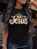 Jesus Letter Print Tee - Thanksgiving Style, Soft Stretchy Fabric, Versatile Black Summer Casual Top