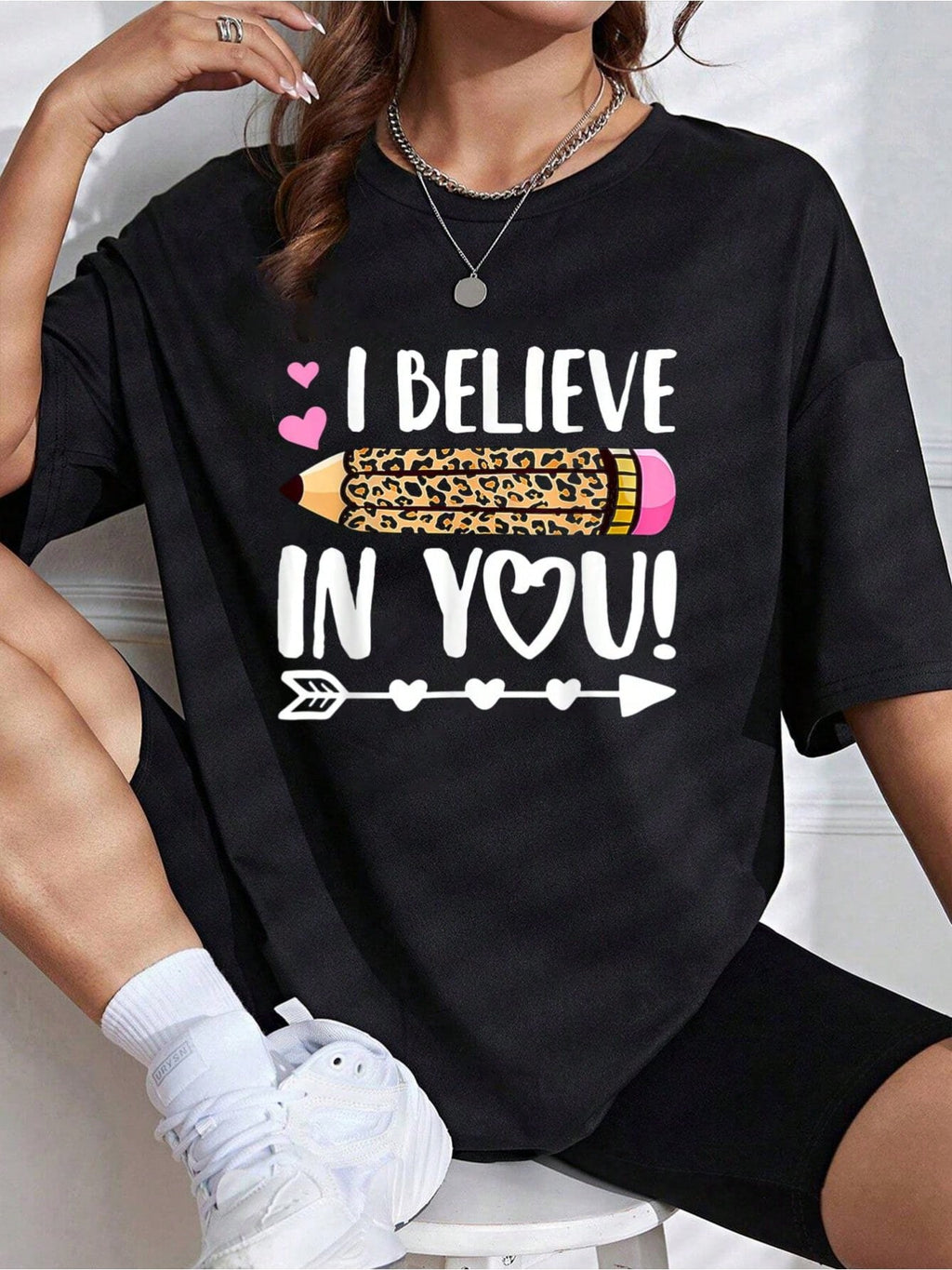 Black Leopard Pencil Graphic T-Shirt I Believe In You Teacher Test Day Cotton Casual Short Sleeve Tee