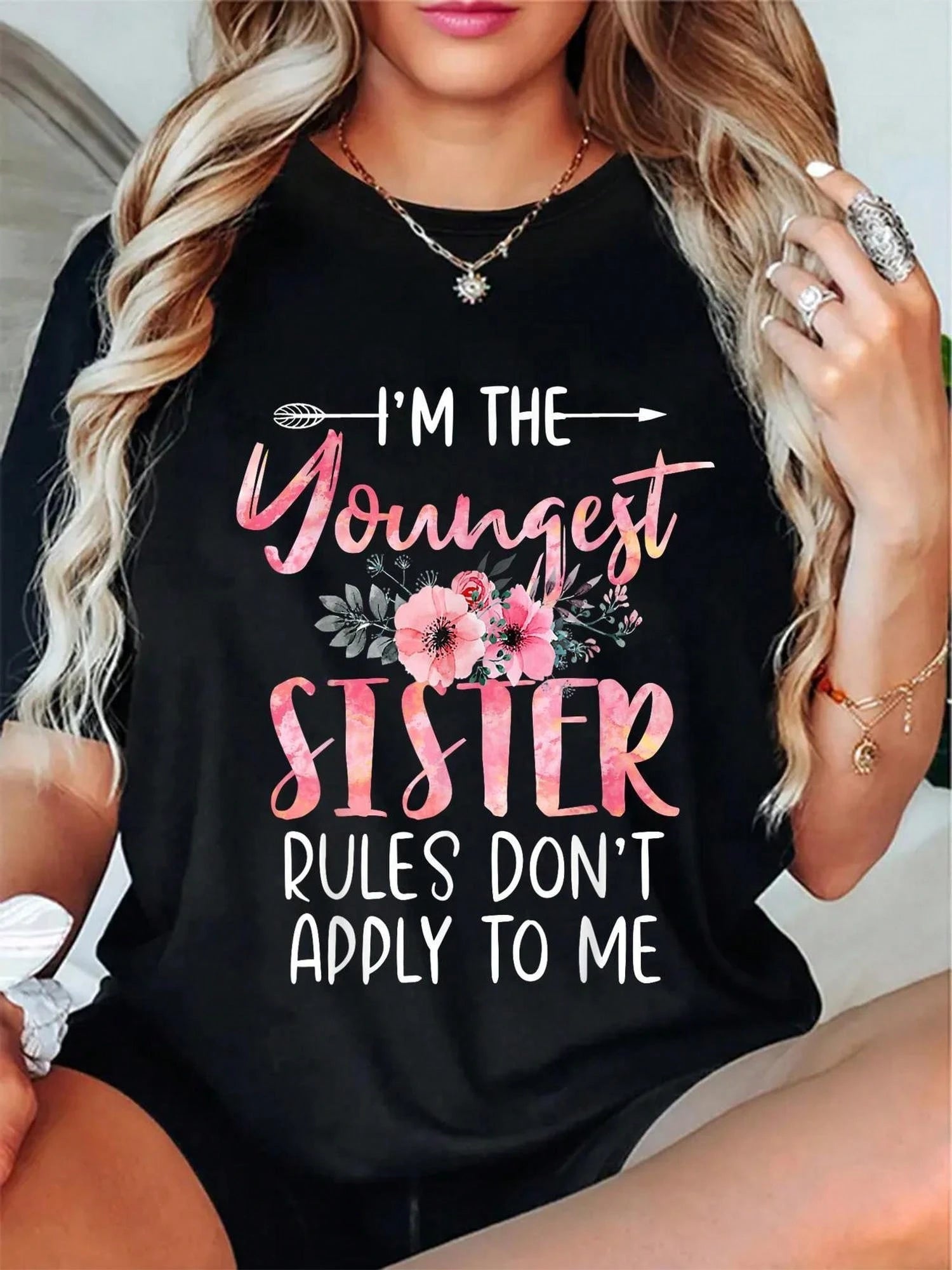 Soft Black Casual Tee Funny Youngest Sister Slogan Print Daily Fashion Top For Girls