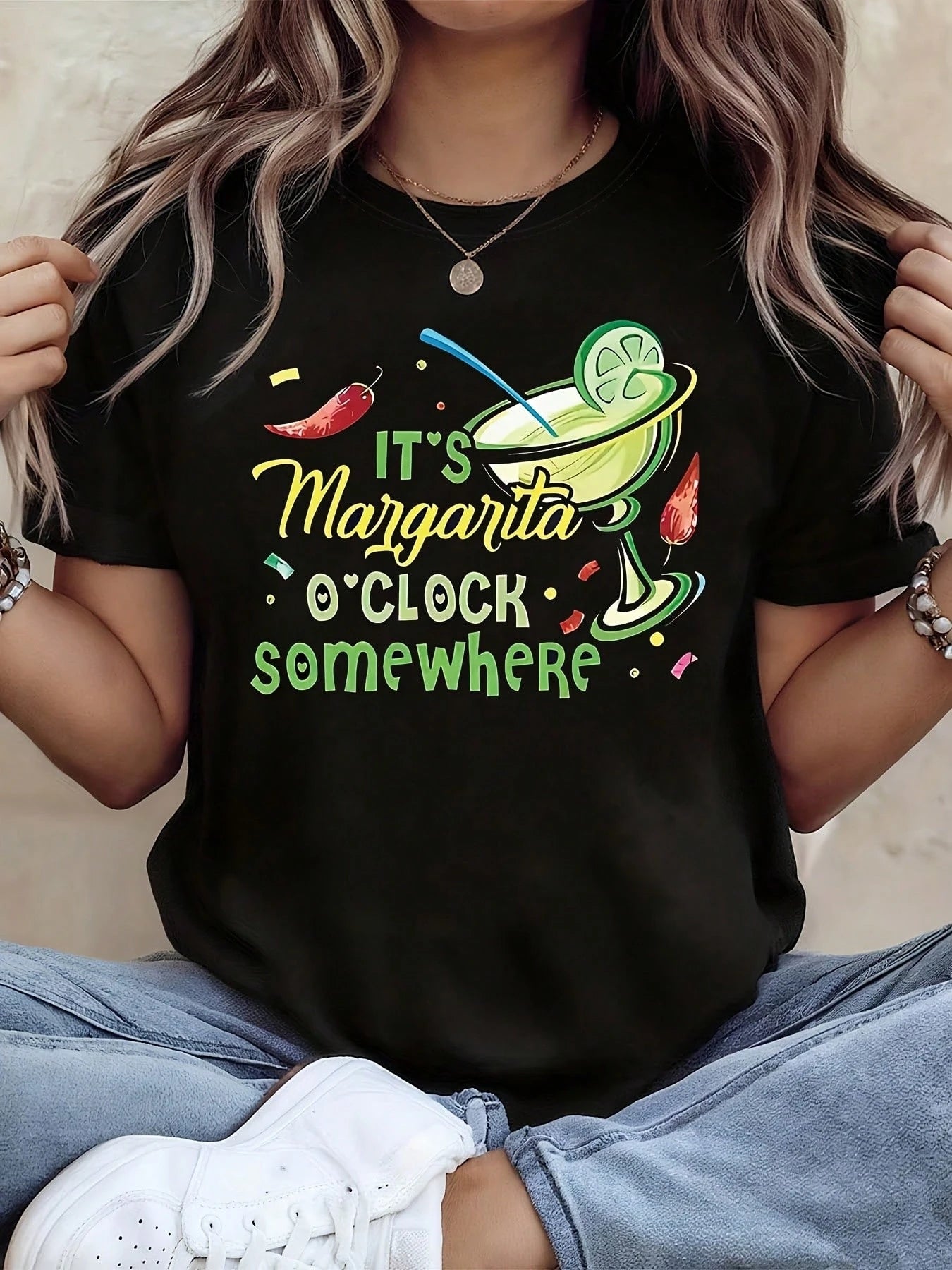 Women Spring Casual T-Shirt Its Margarita O Clock Somewhere Cocktail Graphic Crew Neck Short Sleeve Tee