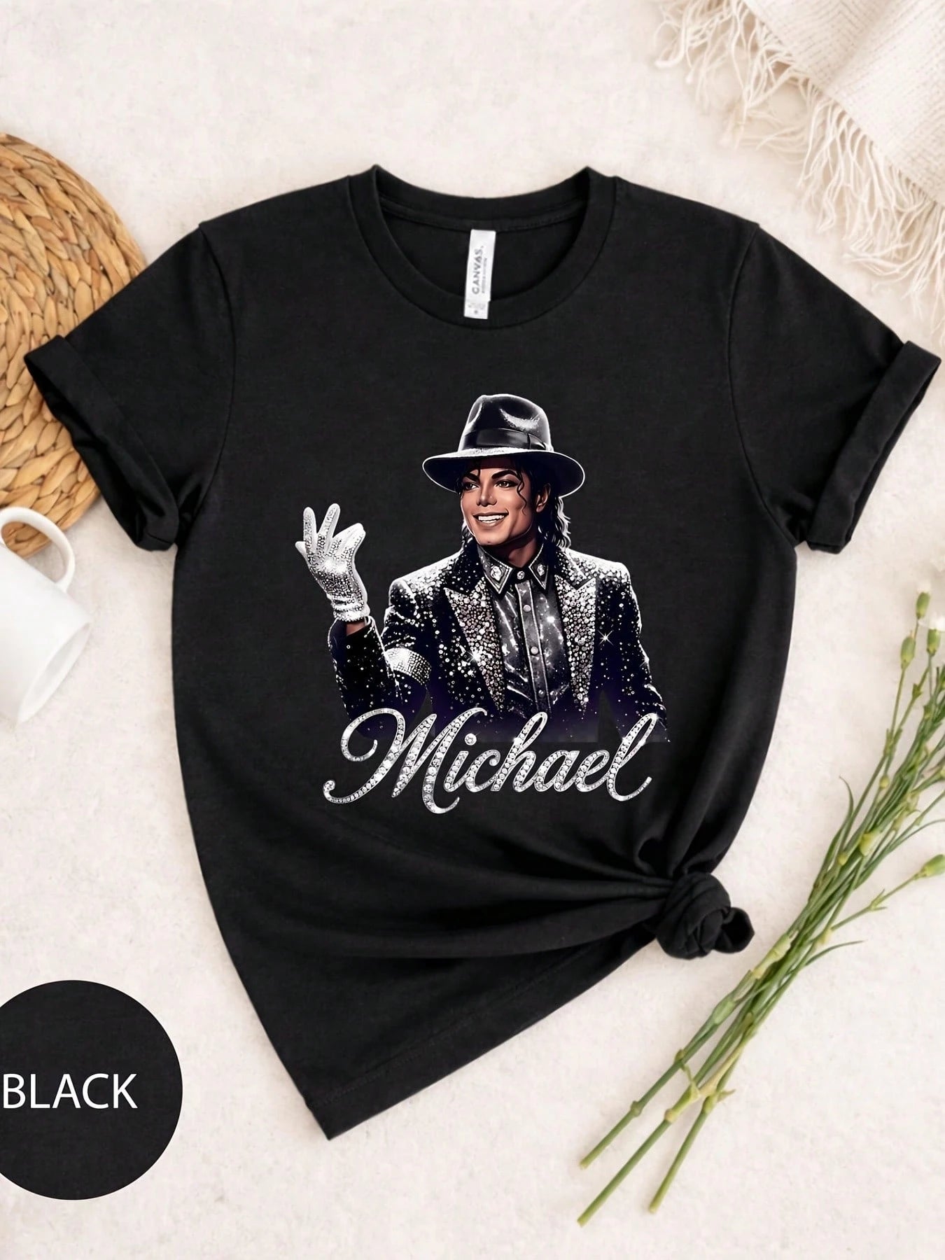 Soft Black Crew Neck Tee Retro Michael Jackson Glove Iconic Pose Print Fashion Daily Casual Short Sleeve Top