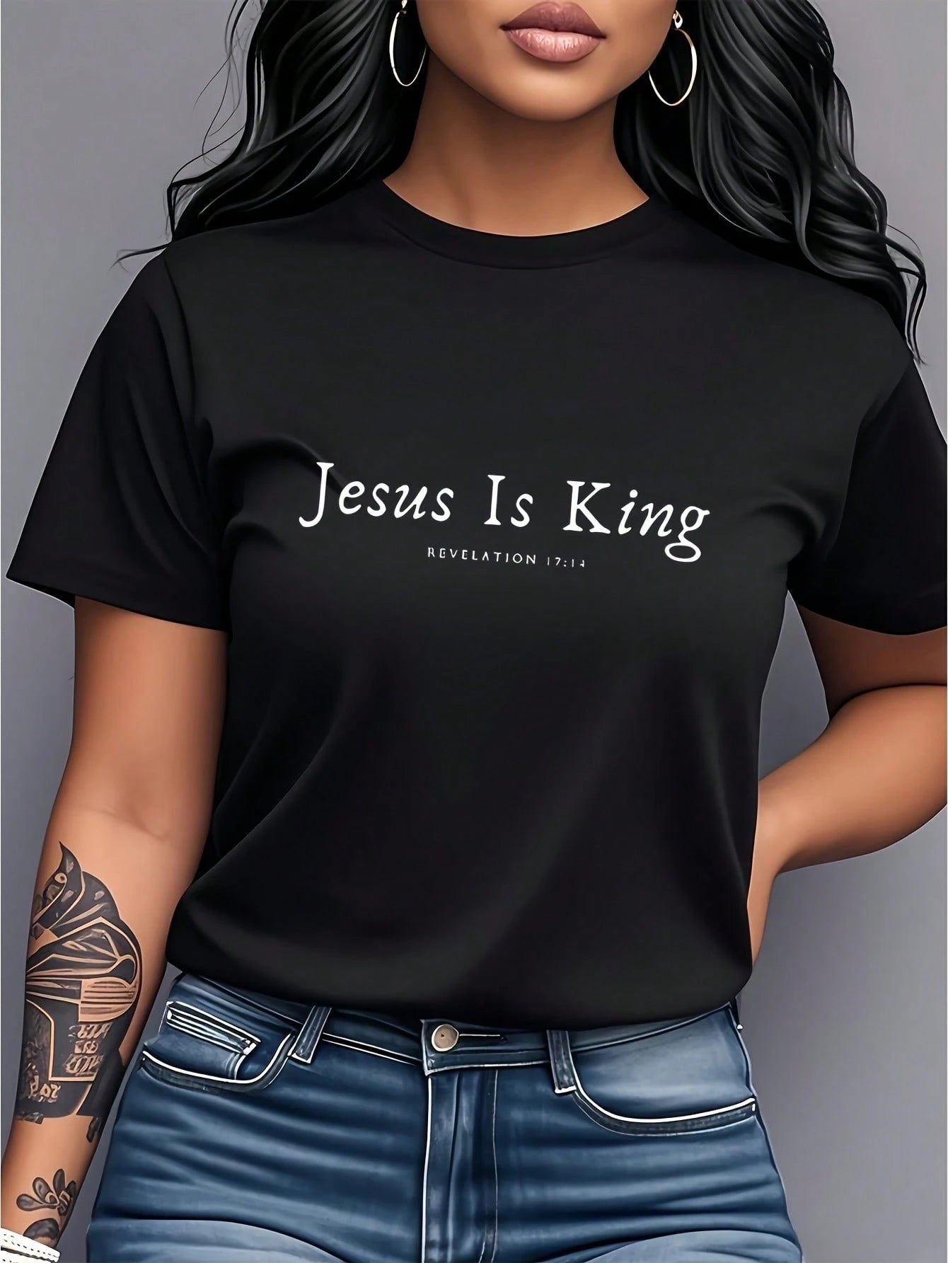 Jesus Is King Graphic Women Short Sleeve Tee, Simple Faith Style Crew Neck Shirt For Parties & Religious Gifts