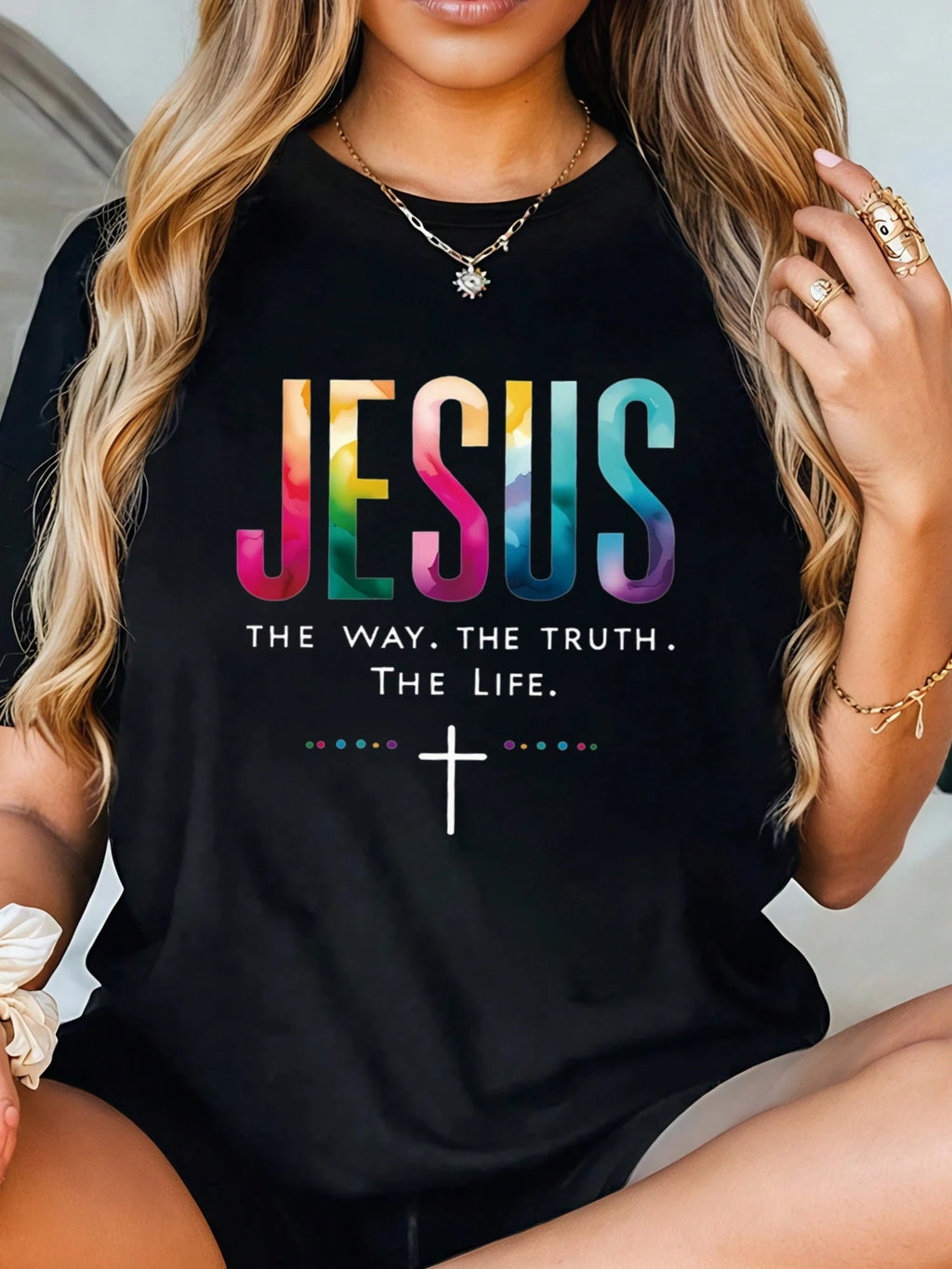 Jesus Cross Graphic Tee - Inspirational Religious Design, Casual Short Sleeve Top for Women Summer Wear