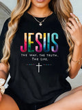 Jesus Cross Graphic Tee - Inspirational Religious Design, Casual Short Sleeve Top for Women Summer Wear