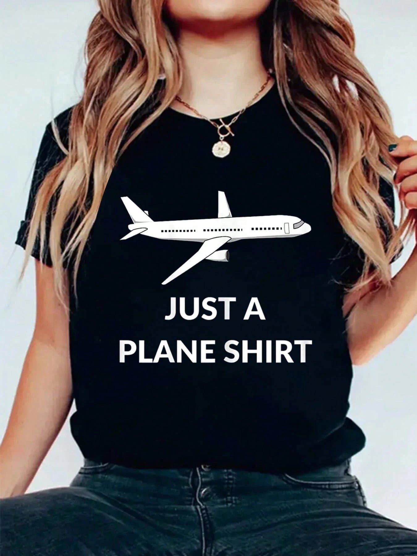 Women Round Neck Funny Pilot T-Shirt Just A Plane Aviator Airplane Print Casual Short Sleeve Tee