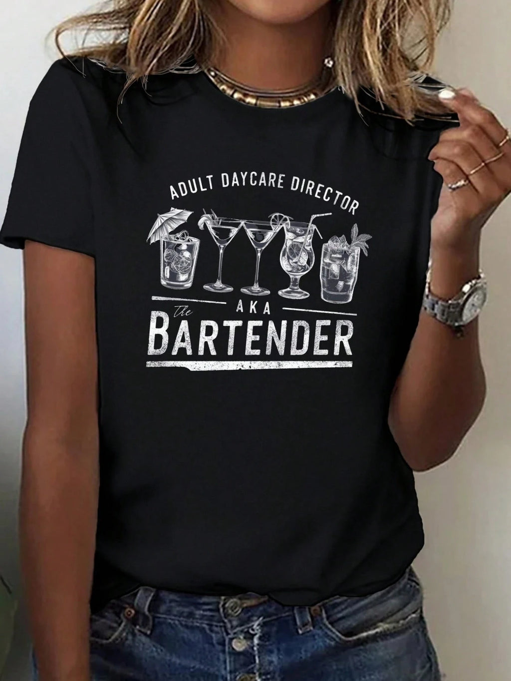 Ladies Bartender T-Shirt, 100% Cotton Women's Graphic Tee for Day Care Directors and Service Staff, Funny Tagline Design, Comfortable Fit for Work, Parties, Shift Wear and Gift