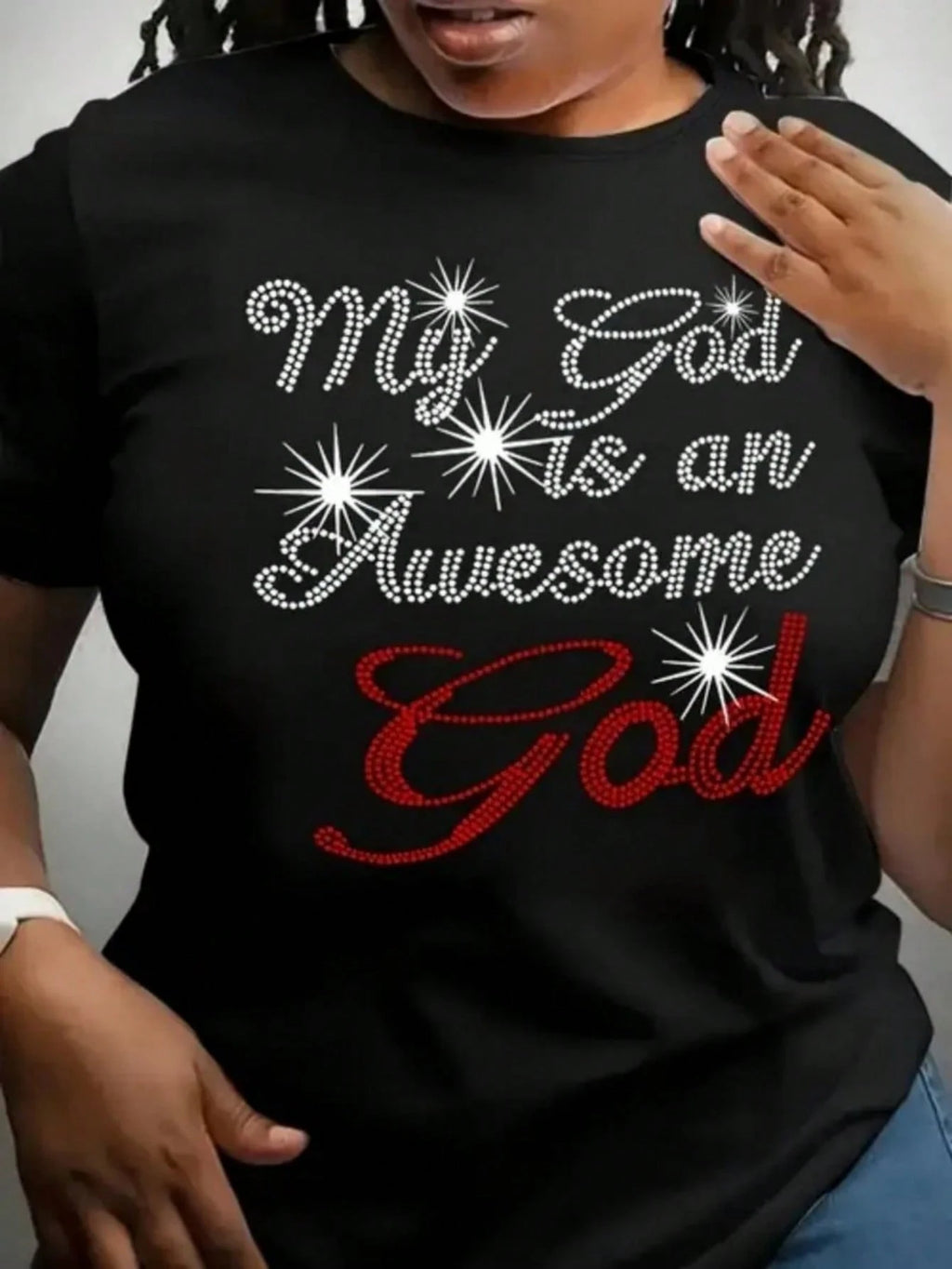 My God Is An Awesome God Tee - 3D Rhinestone Pattern, Plus Size Loose Fit, Washable Faith Wear for All Seasons