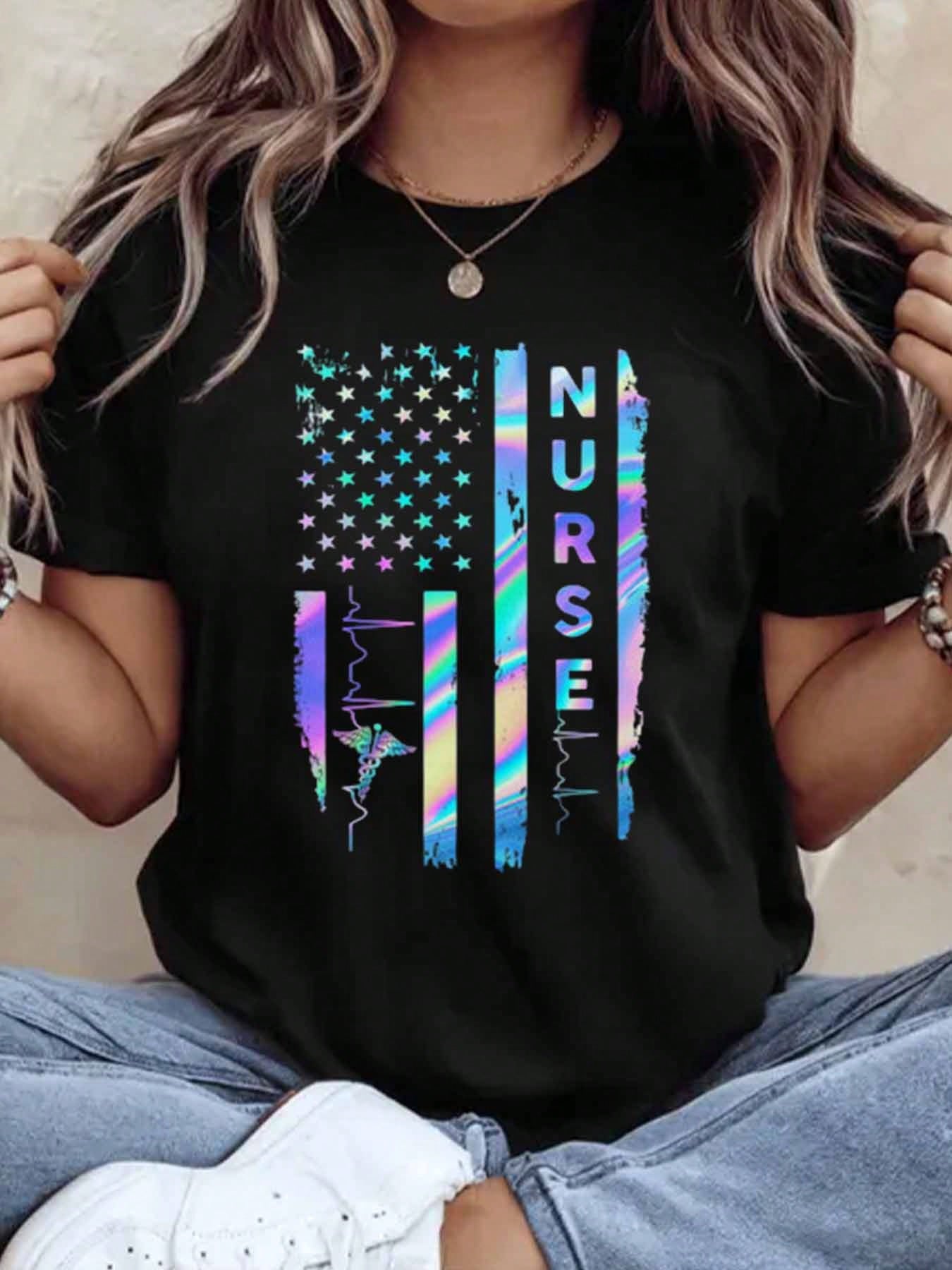 Soft Casual Tee Holographic US Flag Nurse Graphic Perfect Gift For Medical Professionals