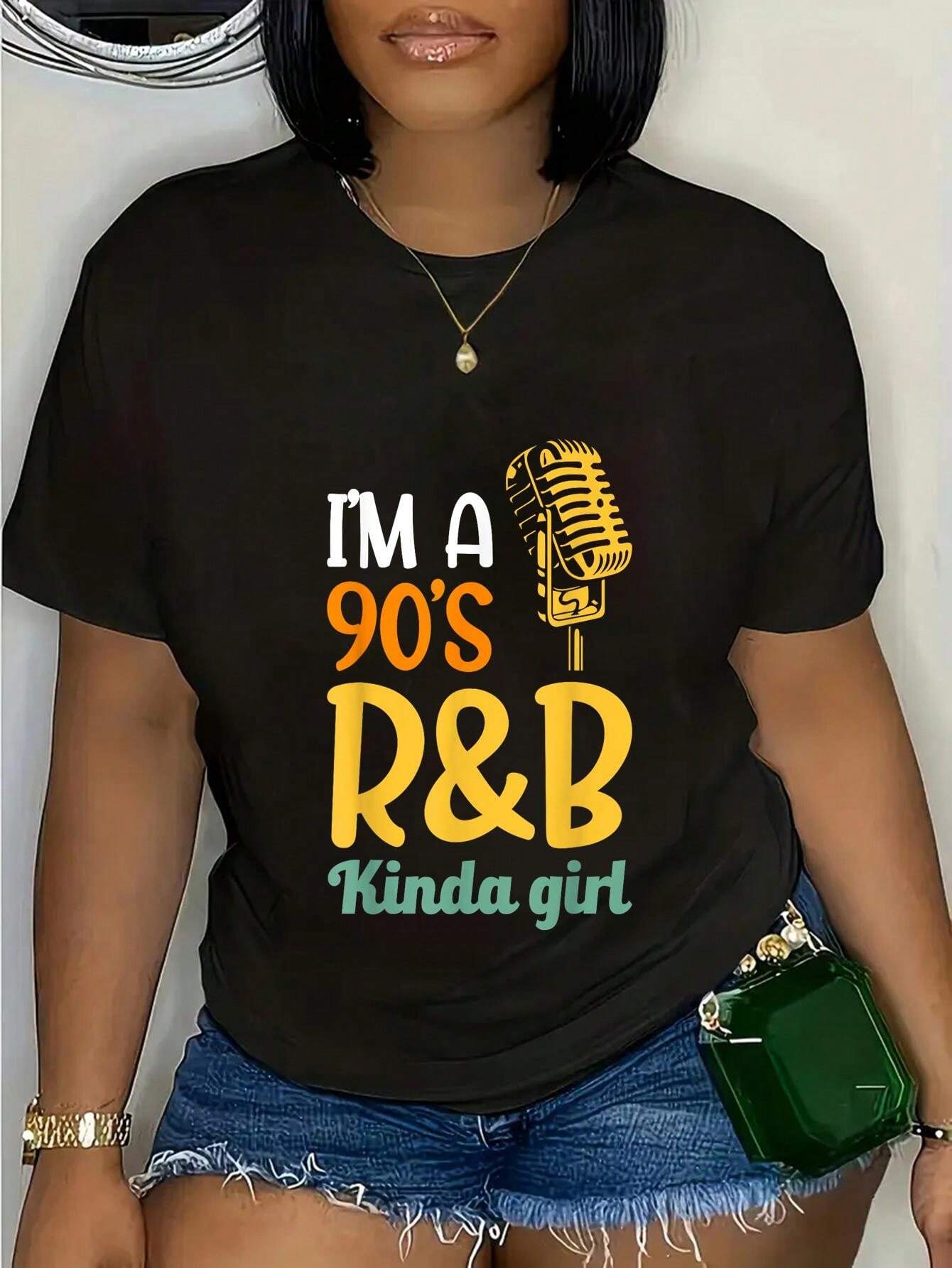 Soft Vintage Music Tee Classic 90s R&B Letter Print Trendy Casual Daily Top For Hip Hop Soul Music Lovers