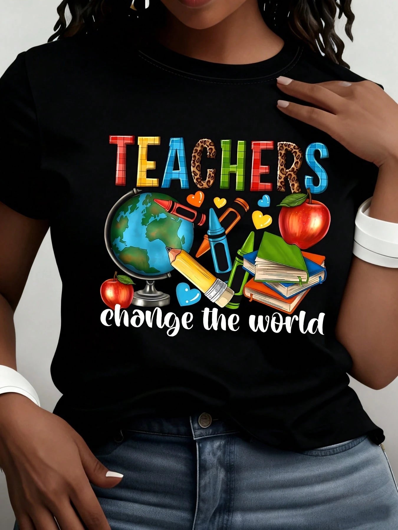 Soft Black Crew Neck Tee Teacher Pattern Print Comfort Daily Casual Short Sleeve Top