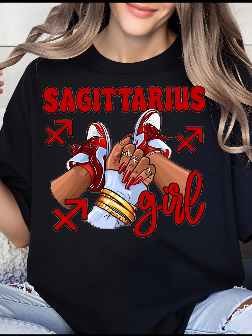 Soft Crew Neck Tee Cute Sagittarius Astrology Print Lightweight Stylish Daily Casual Zodiac Sign Short Sleeve Top For Ladies