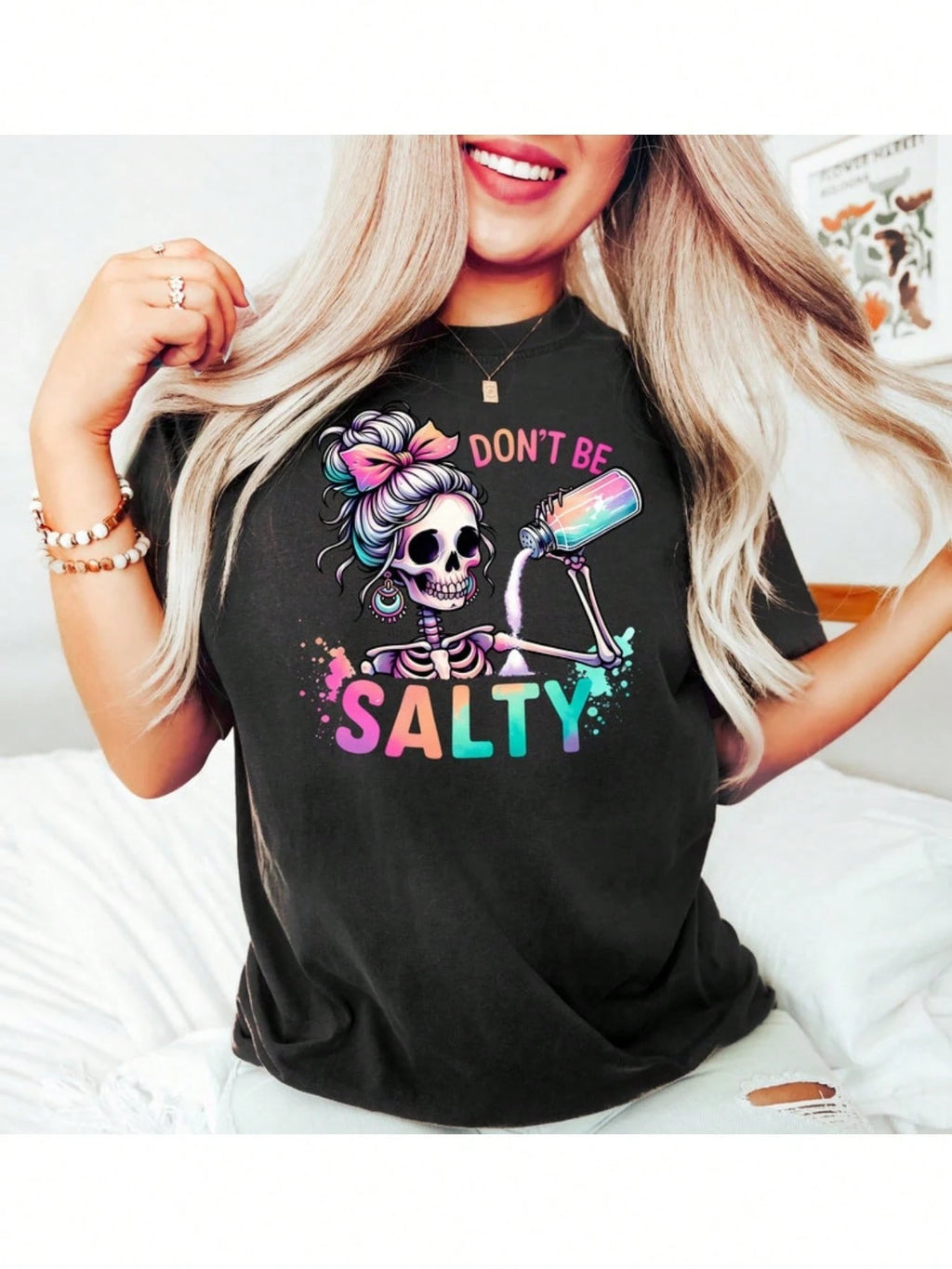 Thick Soft 220g Tee - Humorous Salty Skeleton Print Trendy Daily Sarcastic Outfit Top