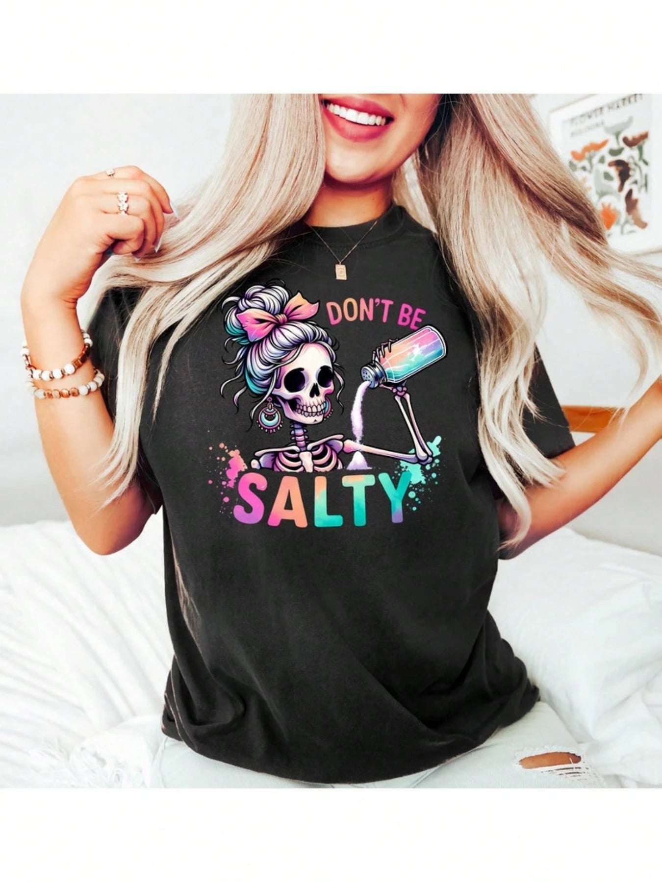 Thick Soft 220g Tee - Humorous Salty Skeleton Print Trendy Daily Sarcastic Outfit Top