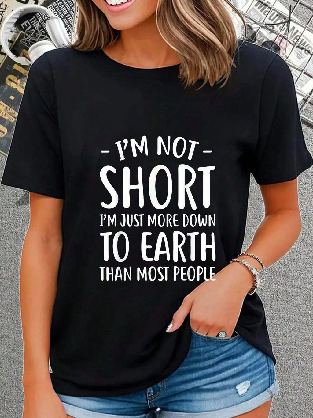Classic black casual tee with humorous slogan for short people, soft comfortable fabric, ideal daily wear and novelty gift