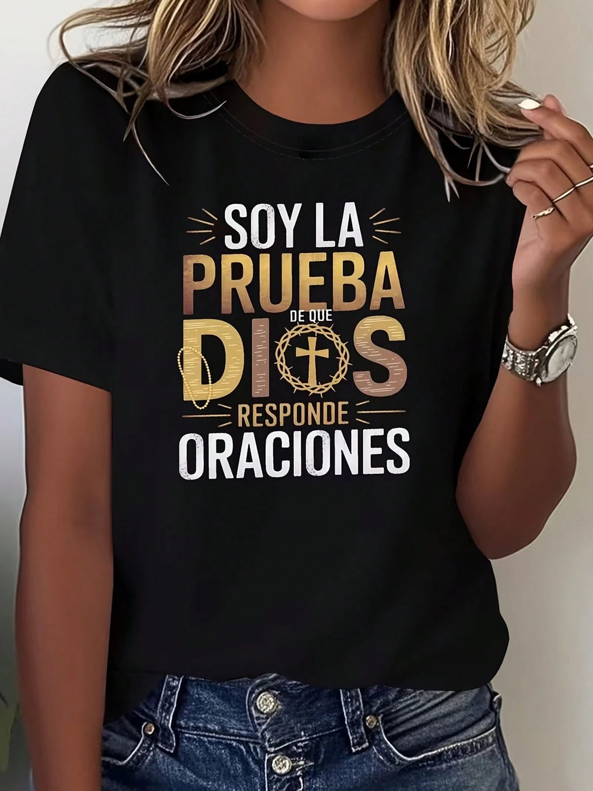 Women Faith Spanish Slogan Tee Soft Cotton Crew Neck Religious Daily Casual Top