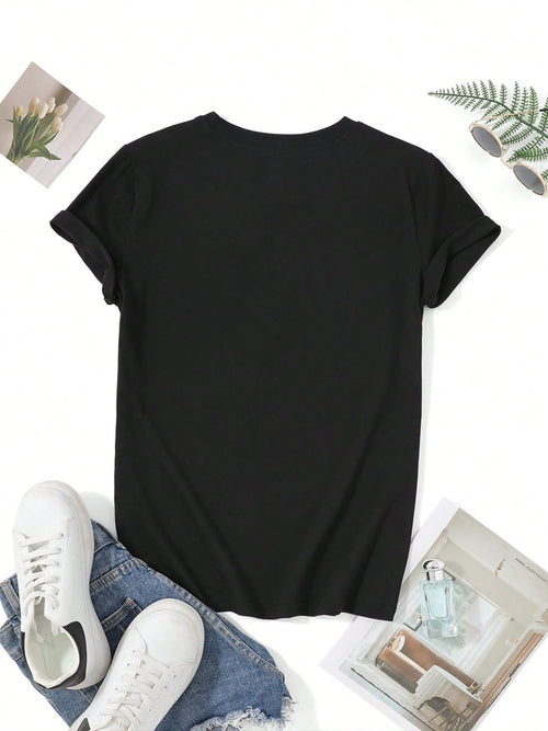 28 Number Printed Tee - Loose Slimming Black Top, Versatile Short Sleeve for Student Daily Summer Outfits