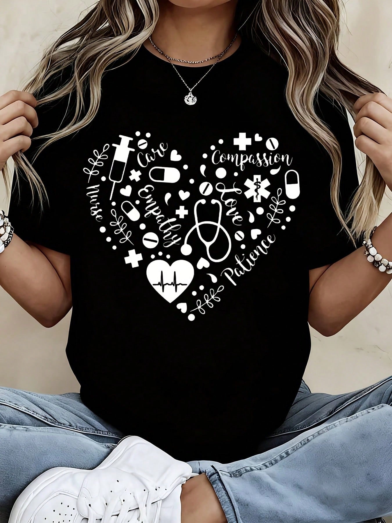 Soft White Short Sleeve Tee Featuring Medical Heart Graphic & Inspirational Words, Comfort Casual Top For Nurses & Caregivers
