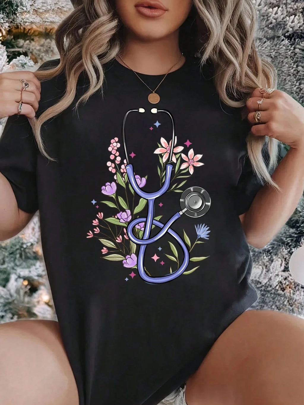 Women Floral Stethoscope Graphic Soft Cotton Crew Neck Medical Daily Wear Tee