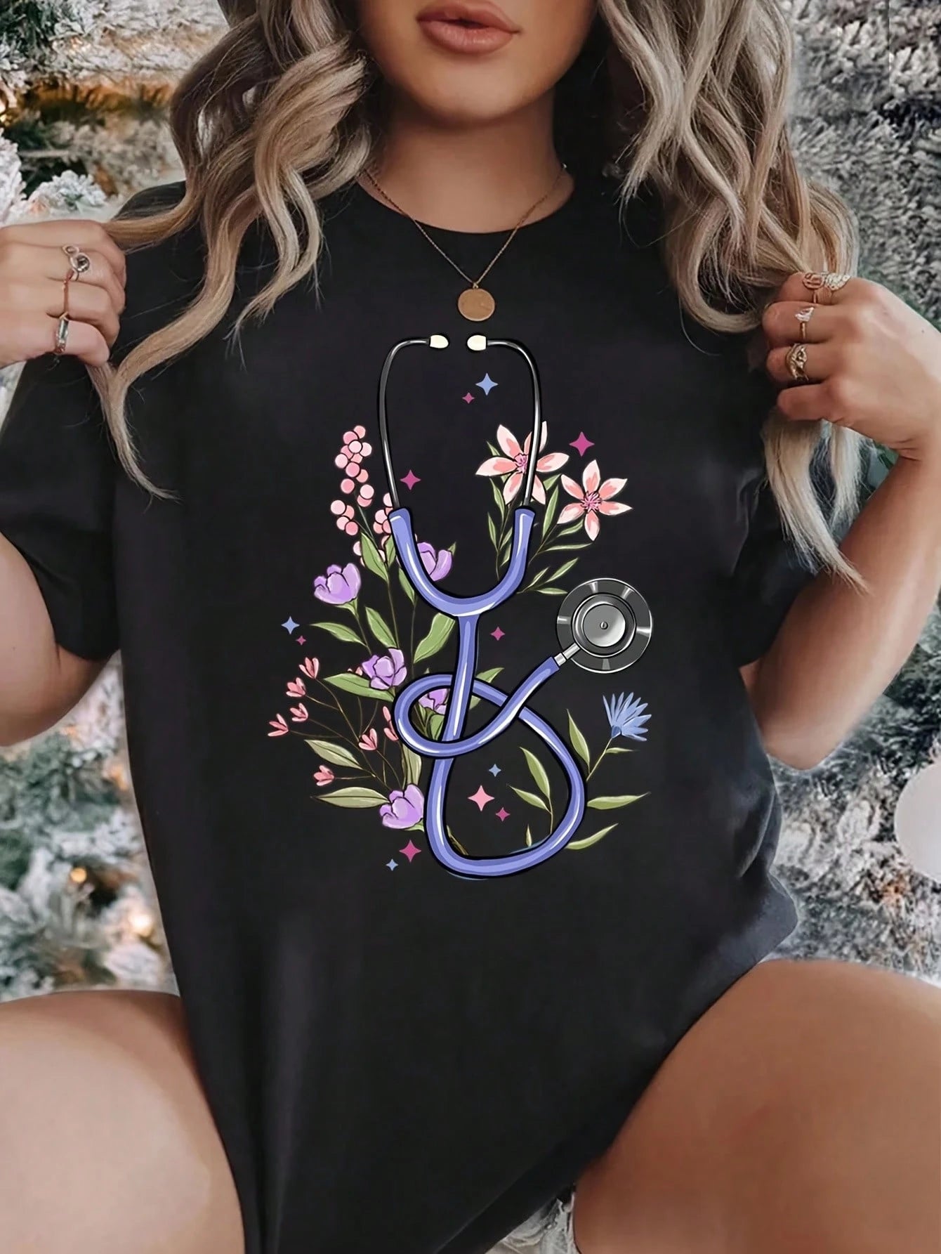 Women Floral Stethoscope Graphic Soft Cotton Crew Neck Medical Daily Wear Tee