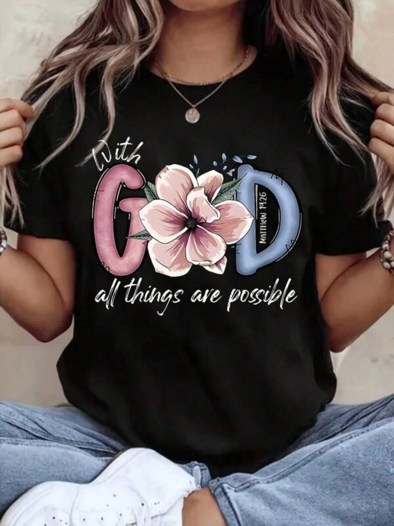 Floral Christian Faith Tee - God All Things Are Possible Design, Round Neck Short Sleeve for Casual Daily Outings