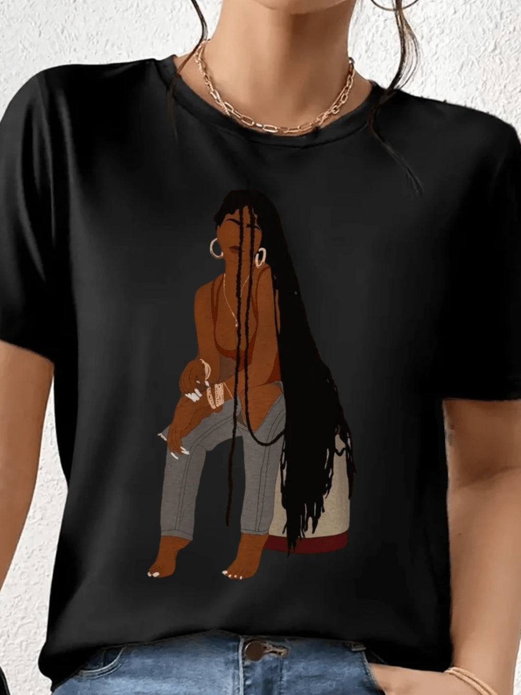 Premium 220g 100% Cotton Crew Neck Women Tee Unique Dreadlocks Lady Print Soft Breathable Daily Casual Top
