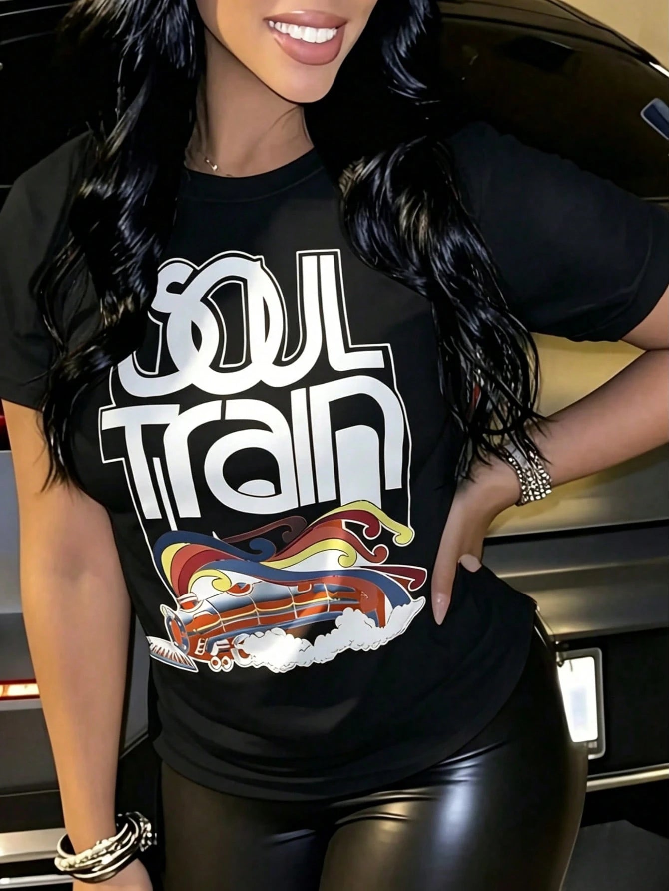 Soul Train Print Women Crew Neck Short Sleeve Lightweight Casual Cotton T-Shirt