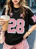 28 Number Printed Tee - Loose Slimming Black Top, Versatile Short Sleeve for Student Daily Summer Outfits