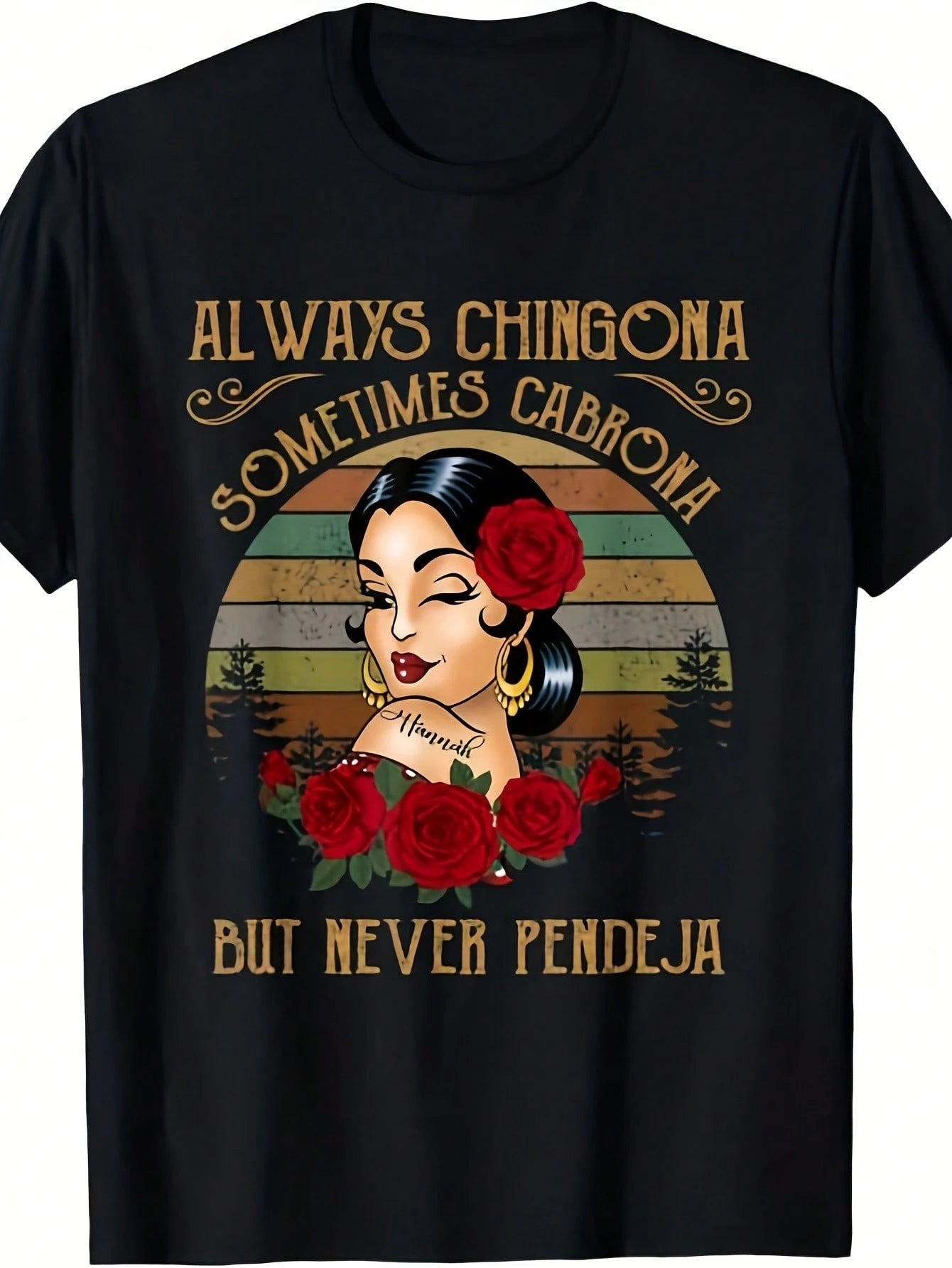 Women Chic Black Cotton Tee Bold Spanish Slogan Casual Daily Crew Neck Top