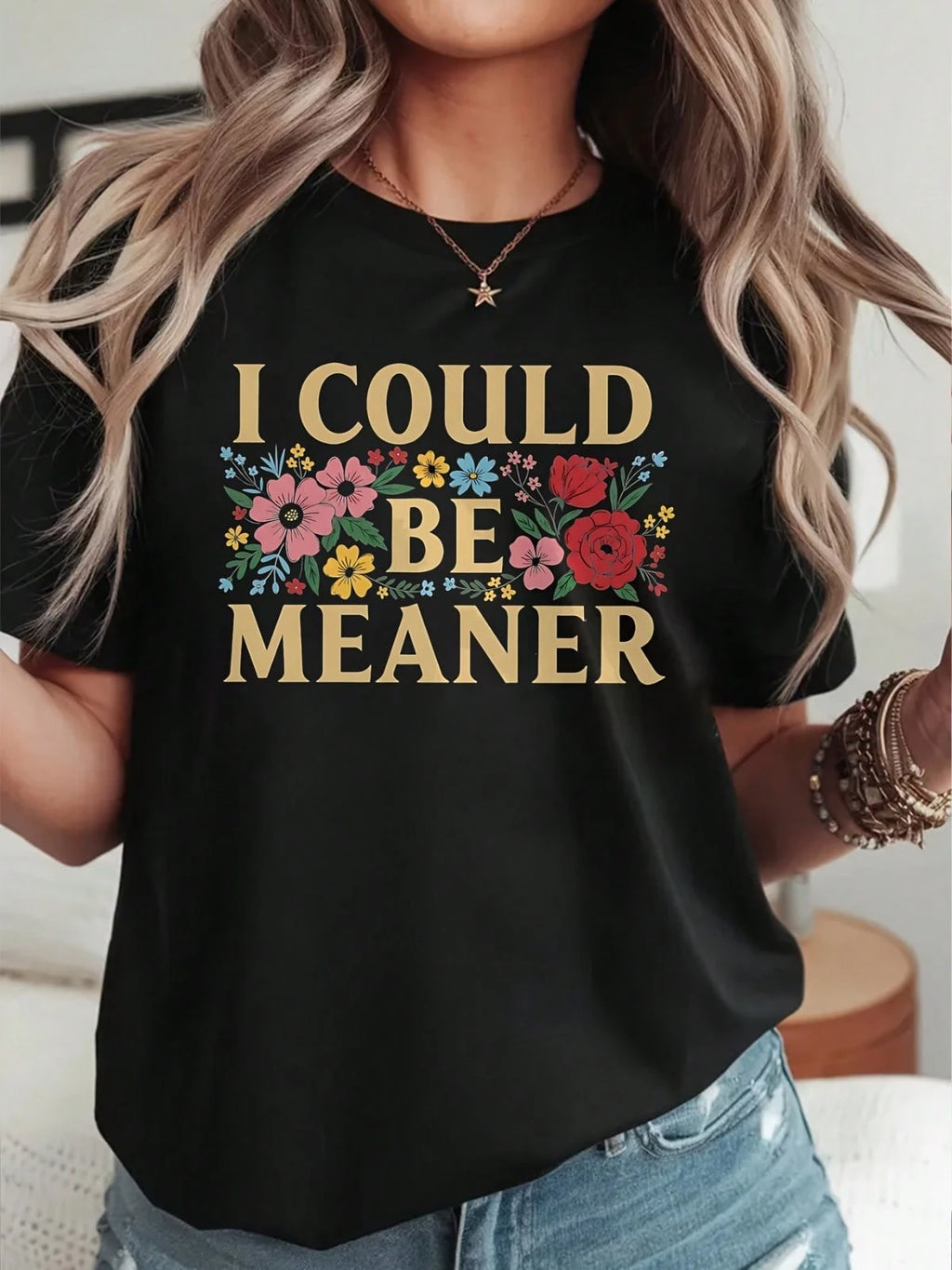 Stylish navy crew neck casual tee with witty sarcastic slogan, soft comfortable fit, fun daily outfit for sarcasm lovers