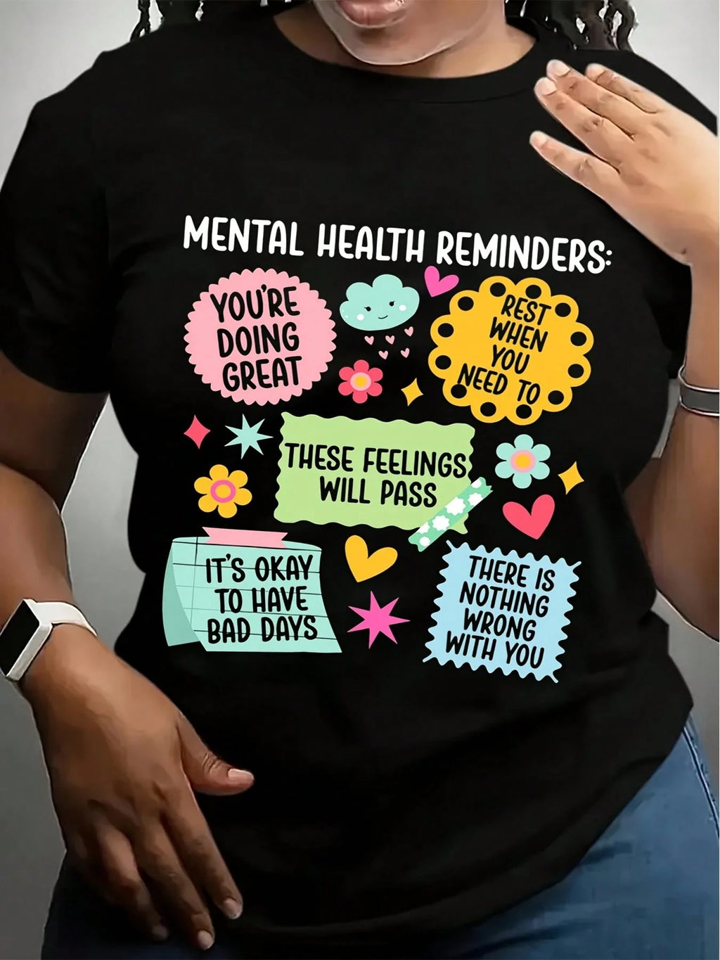 Soft Black Crew Neck Tee Inspirational Mental Health Graphic Comfort Casual Daily Top