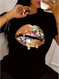 Artistic Lip Print Women Tee - Pure Cotton Round Neck Short Sleeve, Soft Fitting Top for Home Beach & Casual Occasions