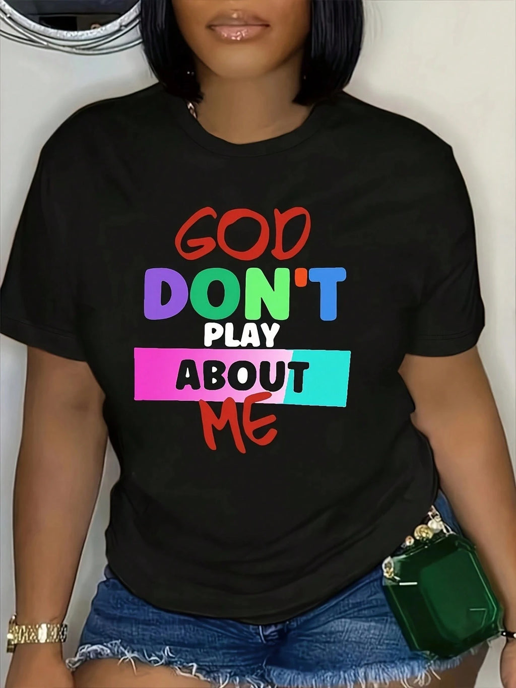 Vibrant Lettering Graphic Tee - Soft Stretch Fabric, Washable Casual Top for Spring Summer Fall Wear